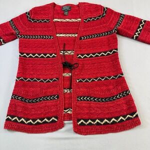 Ralph Lauren Hand Knit‎ Linen Cotton Red Fair Isle Cardigan Sweater womens Med